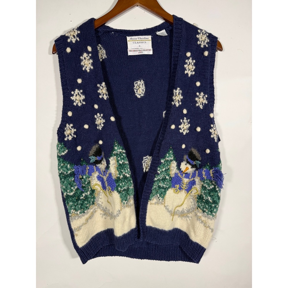 Marisa Christina Classics 1995 Christmas Snowman Sweater Vest Blue Small FLAW